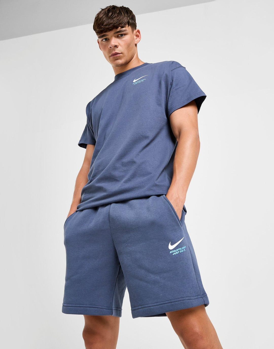 Nike Athletic Shorts Set Mens Blue Fleece Athletic Short Sleeve Tee